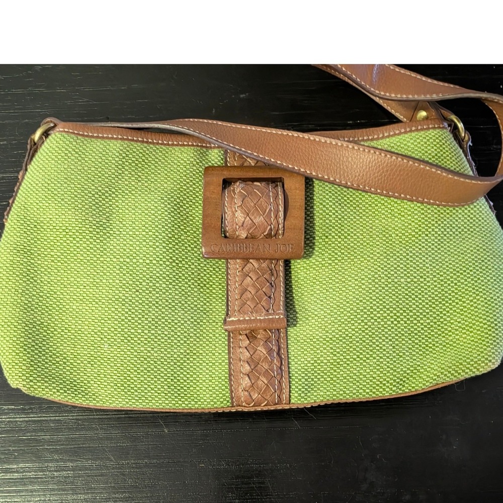 Caribbean Joe Green Woven Canvas Shoulder Bag Brown Braided Trim Wood Buckle
